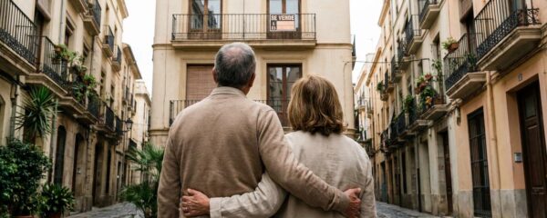 Pareja española contemplando vivienda en venta en barrio residencial (mercado inmobiliario)