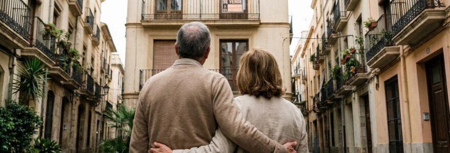 Pareja española contemplando vivienda en venta en barrio residencial (mercado inmobiliario)