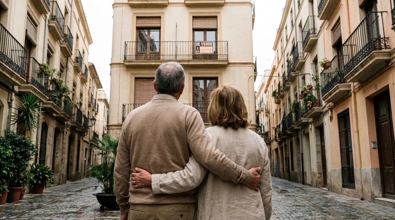 Pareja española contemplando vivienda en venta en barrio residencial (mercado inmobiliario)