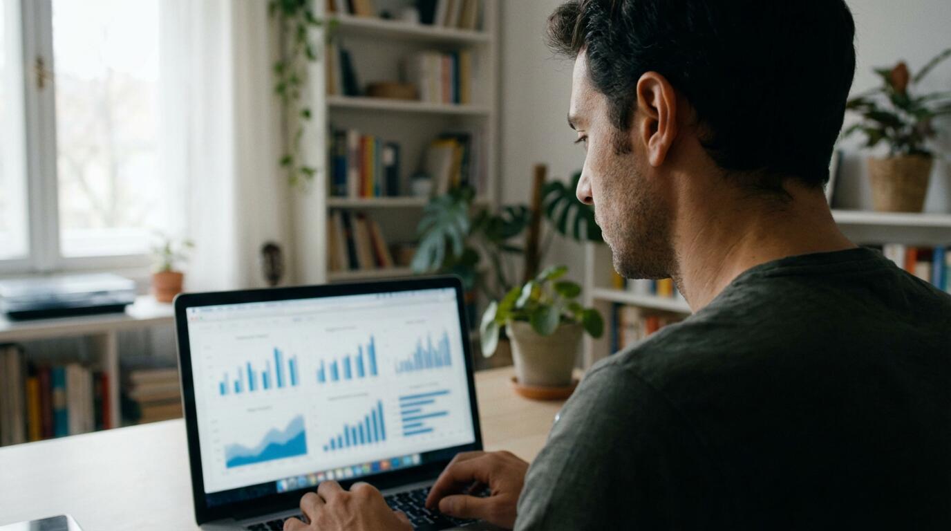 Usuario analizando gráficos de precios inmobiliarios en pantalla (consulta datos vivienda)