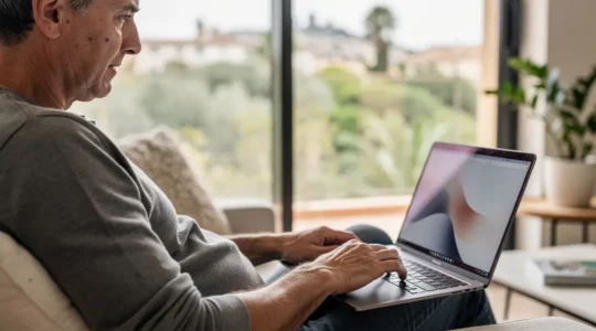 Propietario valorando vivienda online desde salón luminoso en España