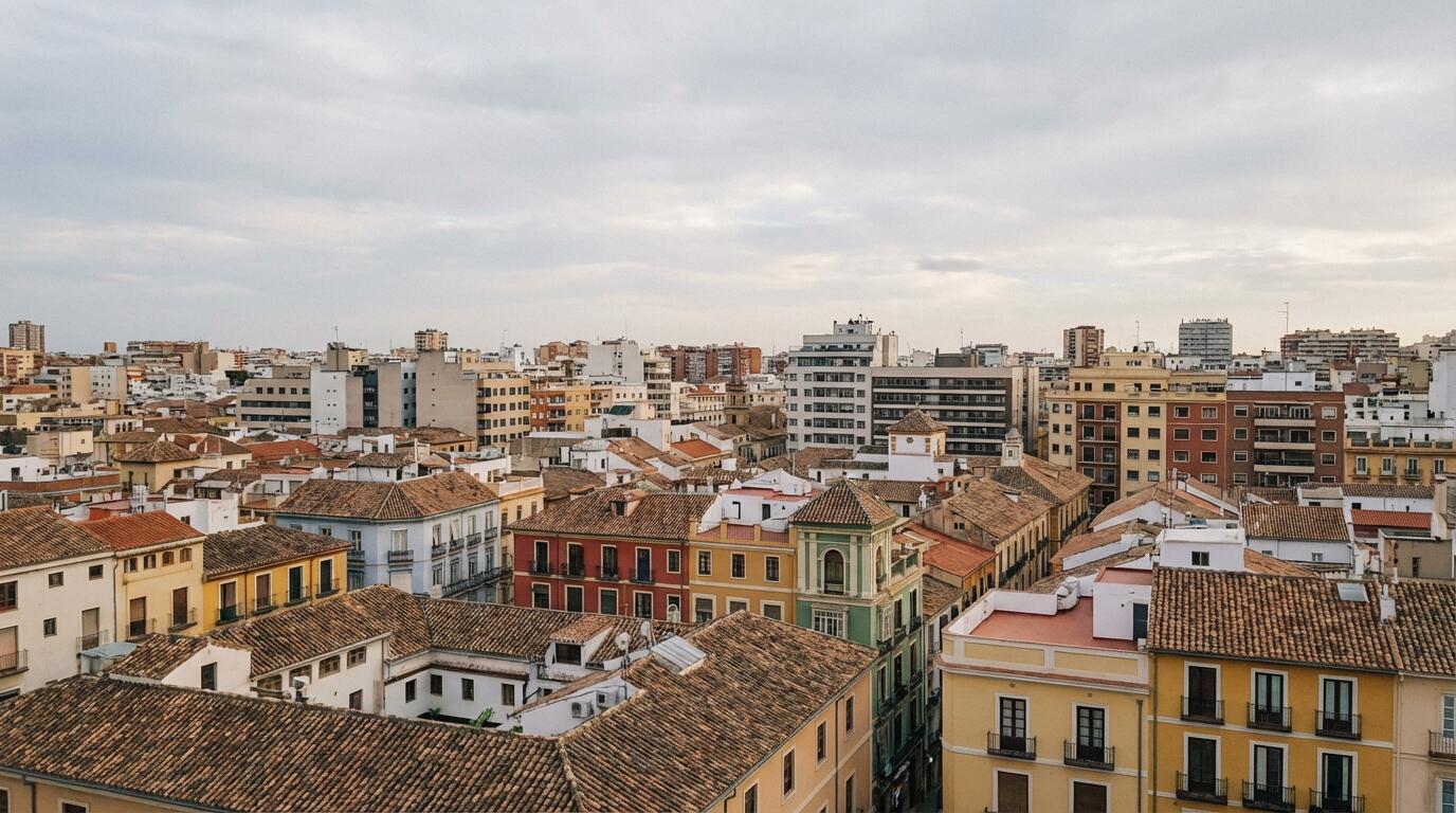 Vista panorámica de ciudad española con edificios residenciales de diferentes épocas (mercado vivienda)
