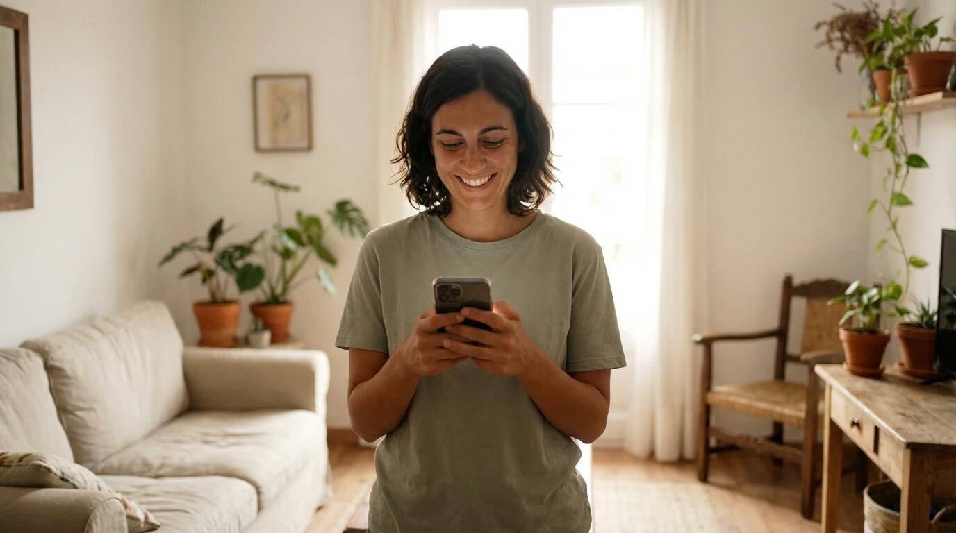 Persona consultando aplicación de valoración inmobiliaria en smartphone (tasación vivienda)